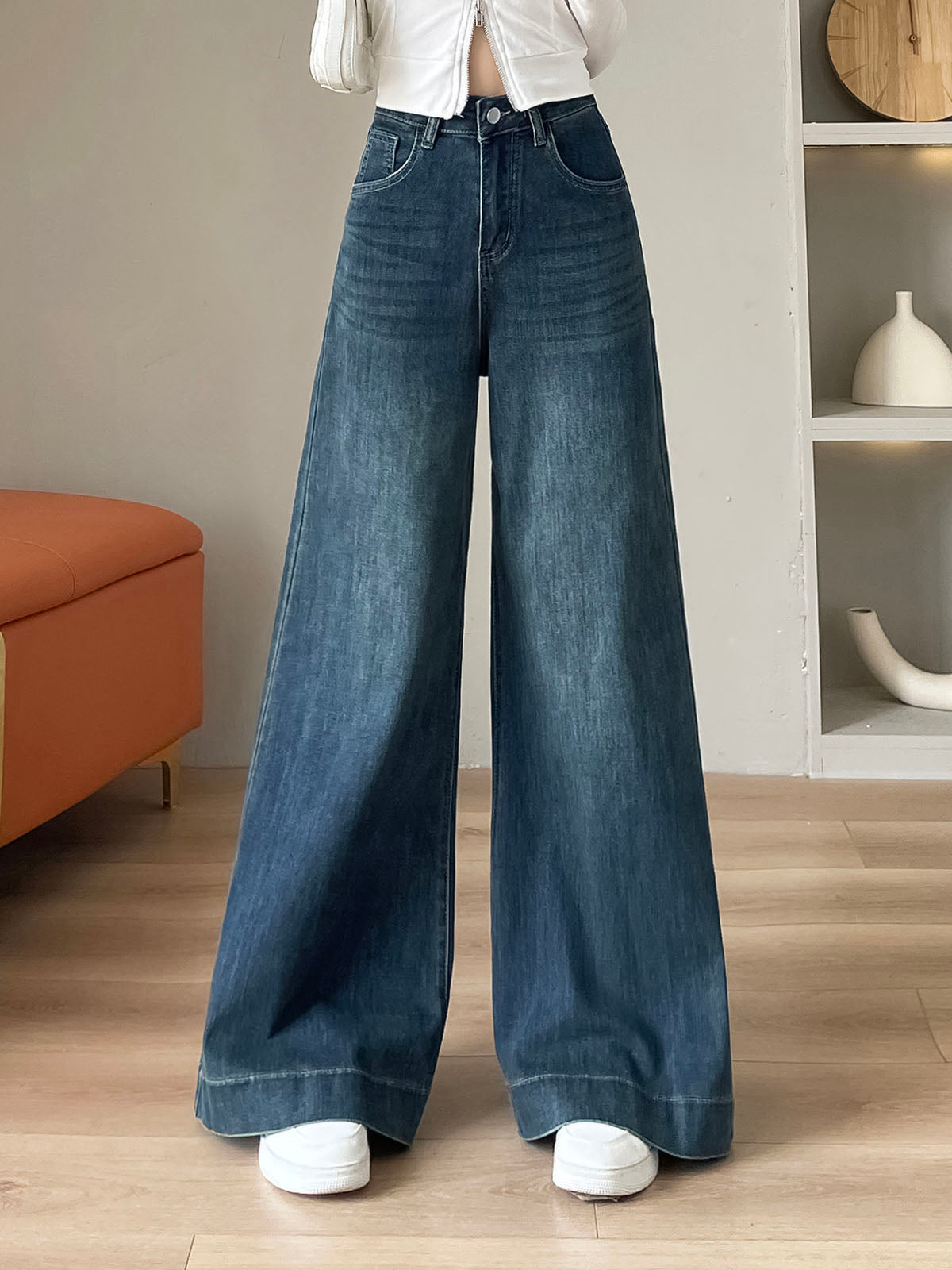 YEEYEEWang Wide Leg Denim Pants in Nostalgic Blue â€?High waist, tummy control design tailored for Asian fit, full-length front view