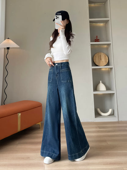 YEEYEEWang 플리스 안감 빈티지 블루 와이드레그 진, 아시안 핏 컷, 다이내믹한 포즈।