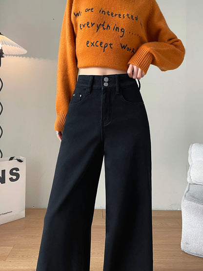 YEEYEEWang 솔리드 블랙 기모 안감 와이드레그 진, 허리 아래 정면, 더블 메탈 버튼과 곡선 앞포켓, 블랙 데님, 아시안핏.