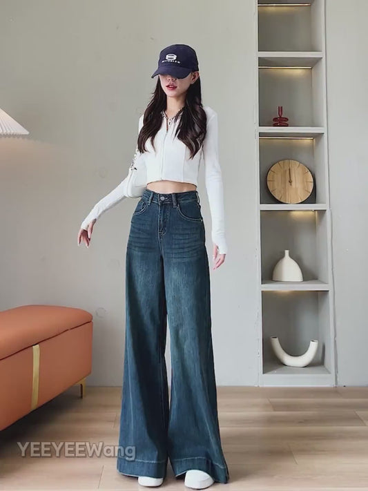 YEEYEEWang wide-leg jeans showcasing multi-color variants, Asian-fit cut, dynamic drape on Asian model.