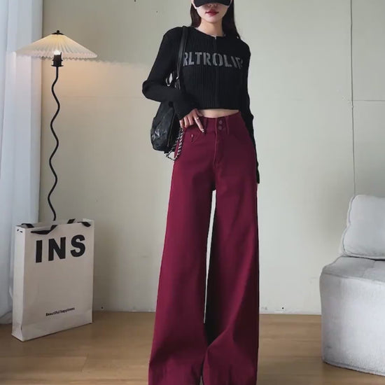 YEEYEEWang Wide-Leg jeans video Fleece-Lined in Dark Cherry: Asian model stands, pockets hands and lifts leg showing drapey fit, camera zooms to waist and cuffed hem revealing thick fleece lining.