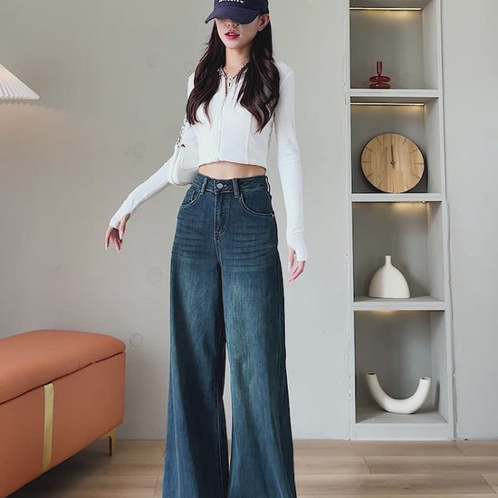 YEEYEEWang Wide Leg Denim Pants try-on video – Asian fit model showcasing high waist tummy control design